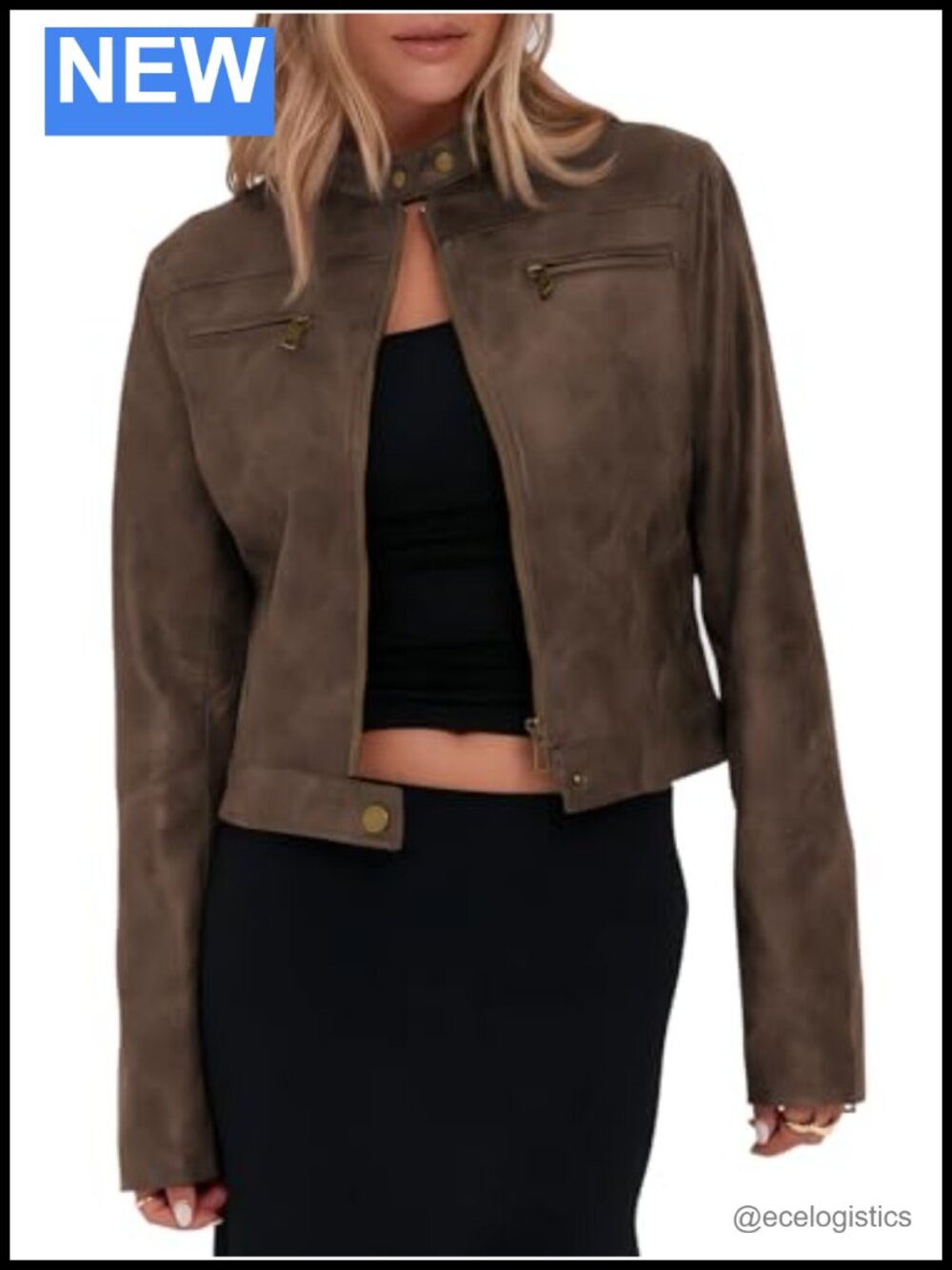 Women's Faux Leather Cropped Motorcycle Jacket Vintage Zip Up Stand Collar Coat